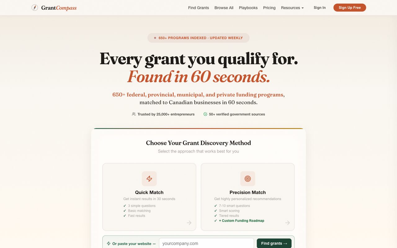 GrantCompass homepage — match to 650+ grants in 60 seconds
